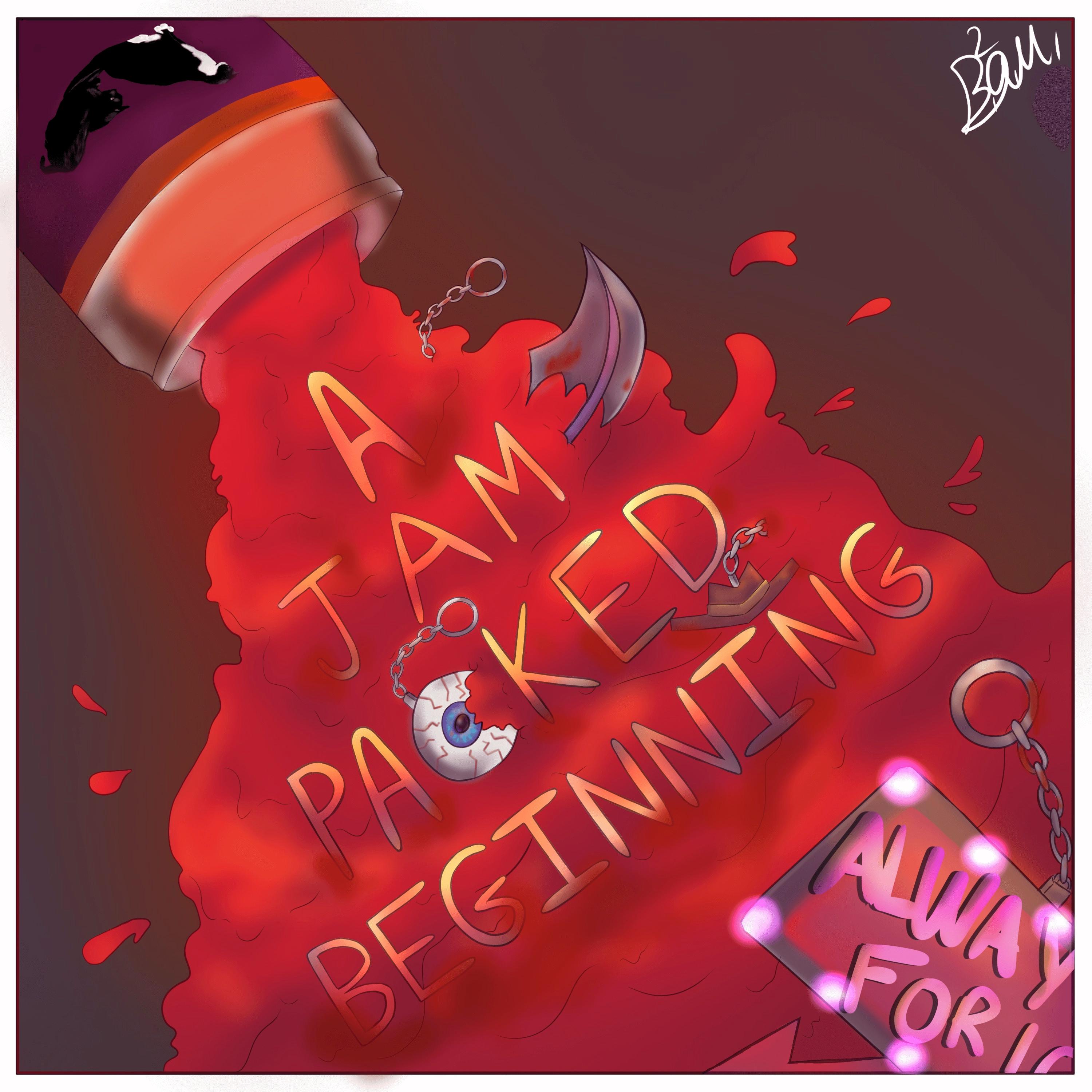 Cover of my album A Jam-Packed Beginning. Depicts elements from each game in the compilation floating over spilled jam.