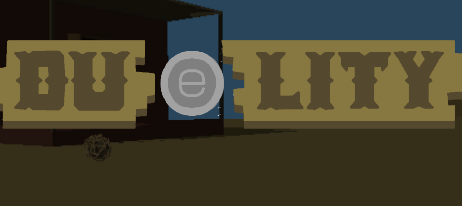 The title screen image for Duelity: it depicts a saloon sign with the game's title in front of a saloon in a desert town.