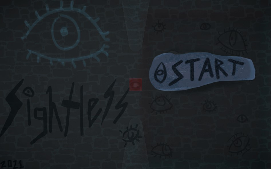 The title screen for Sightless, which features the game’s title, the start button, and an eye shape spray-painted on a wall in a graffiti style.